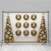 Aperturee - Aperturee All Gold Christmas Photography Backdrop Elegant Wall of Wreaths with Stylized Trees Luxury Holiday Photo Background